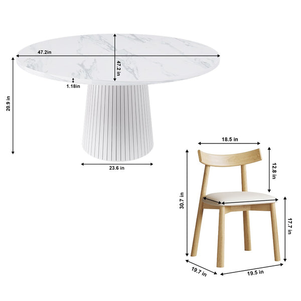 English Elm Retractable Rock Slab Dining Set with Leather Wrapped Base for Compact Apartments White W2700S00127