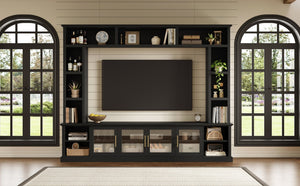 English Elm Entertainment Wall Unit with Glass Doors Open Shelving Mdf Living Room Storage Black N710S688100B