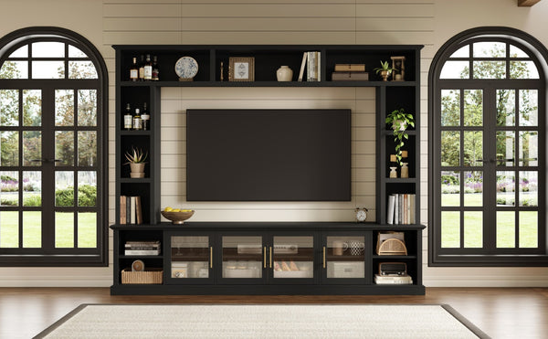 English Elm Entertainment Wall Unit with Glass Doors Open Shelving Mdf Living Room Storage Black N710S688100B