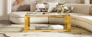 English Elm Modern Glam Rectangular Coffee Table with Mirrored Top Gold Sculptural Frame Open Shelf Transparent N735P380099K