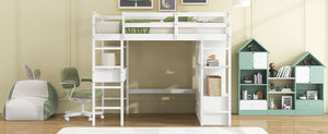 English Elm Full Loft Bed with Built-in Desk, 4 Drawers, 6 Shelves, Pine/MDF White — Space-Saving Study Loft SM000320AAK