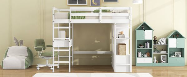 English Elm Full Loft Bed with Built-in Desk, 4 Drawers, 6 Shelves, Pine/MDF White — Space-Saving Study Loft SM000320AAK