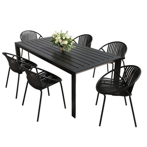 English Elm Christopher Knight Home® - 7 Expandable Outdoor Dining Set with Acacia Table & Stackable Chairs, Durable Metal Frame, Patio Black N768P192555K_6_74381.00