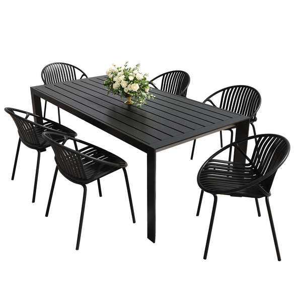 English Elm Christopher Knight Home® - 7 Expandable Outdoor Dining Set with Acacia Table & Stackable Chairs, Durable Metal Frame, Patio Black N768P192555K_6_74381.00