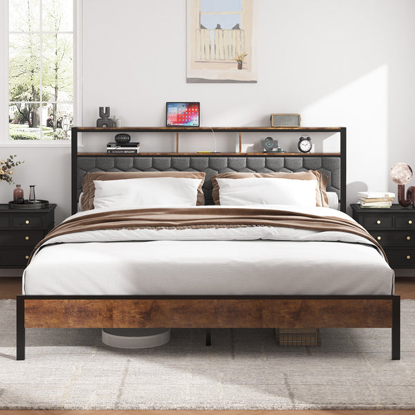 English Elm King platform bed with upholstered headboard, built-in USB & Type-C charging, large hidden storage, silent assembly Brown W636P317031