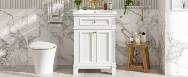 English Elm 24'' Carved Farmhouse Bathroom Vanity with Ceramic Sink Soft Close Storage Cabinet White N710P446530K