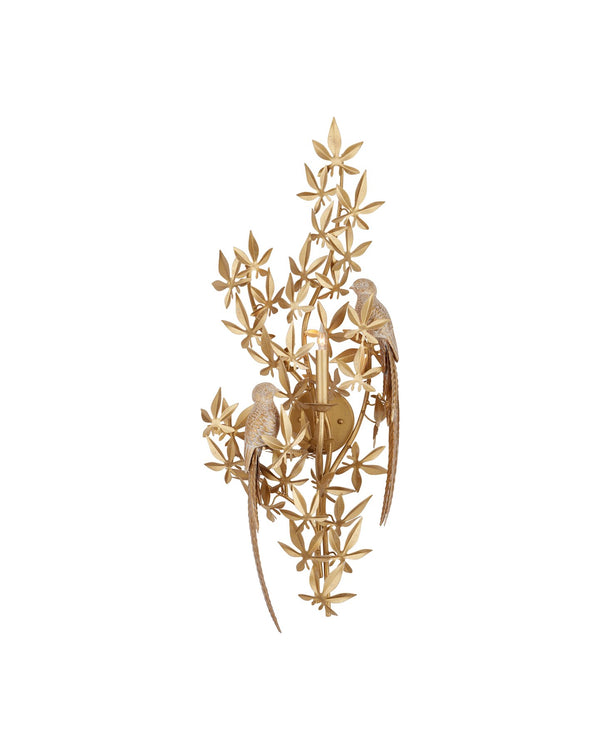 Currey & Company Aviary Gold Wall Sconce: Elegant Biophilic Design With Floral Motifs & Dimmable Single Bulb Ambiance Gold Wrought Iron ,Composite 5000-0282-currey-company