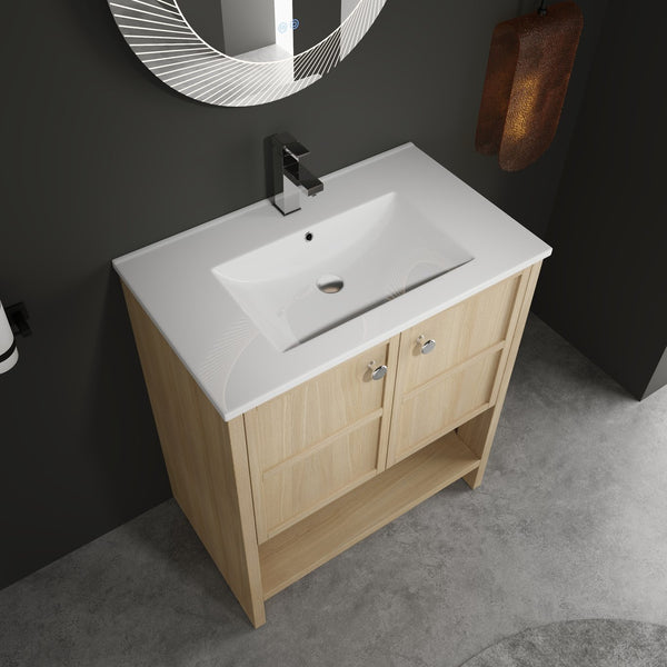 English Elm 30" Freestanding Bathroom Vanity with Ceramic Sink, Oak Plywood Finish, Soft-Closing Doors, Open Shelf W1972S00024