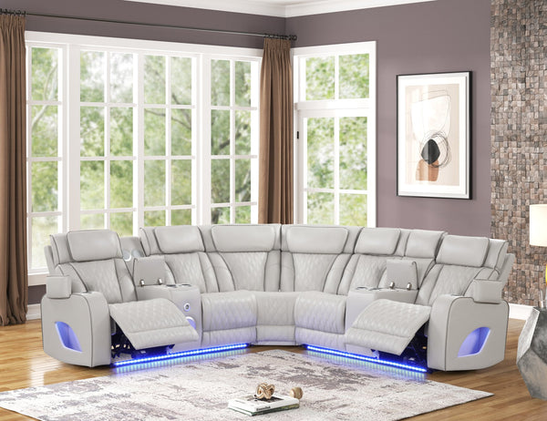 English Elm Fortuner Modern power recliner sectional with massage, Bluetooth speakers, LED lighting, USB charging, storage Beige B009S01798