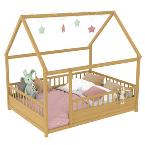 English Elm Full Full-Size Montessori Floor Bed with High Safety Fence, Clockwise Door, Pine Frame & Support Slats Natural W1858P310085