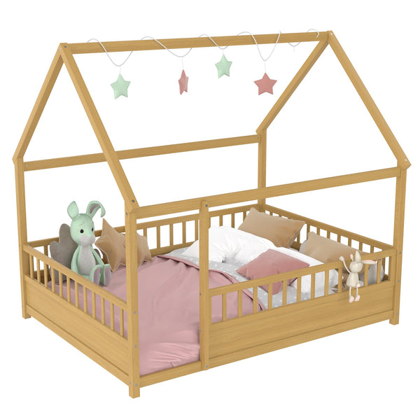 English Elm Full Full-Size Montessori Floor Bed with High Safety Fence, Clockwise Door, Pine Frame & Support Slats Natural W1858P310085