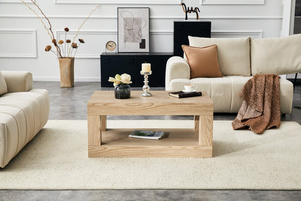 English Elm Modern Two Tier Rectangular Coffee Table with Open Shelf Mdf Living Room Storage W3875P389552