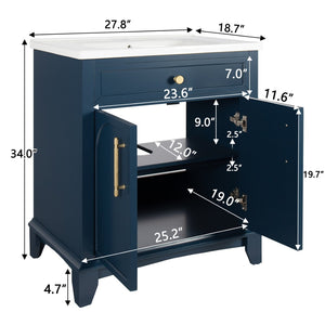 English Elm 27.8" Mid-century Freestanding Bathroom Vanity with Ceramic Sink Drawer and Wood Base Blue W1801S00005