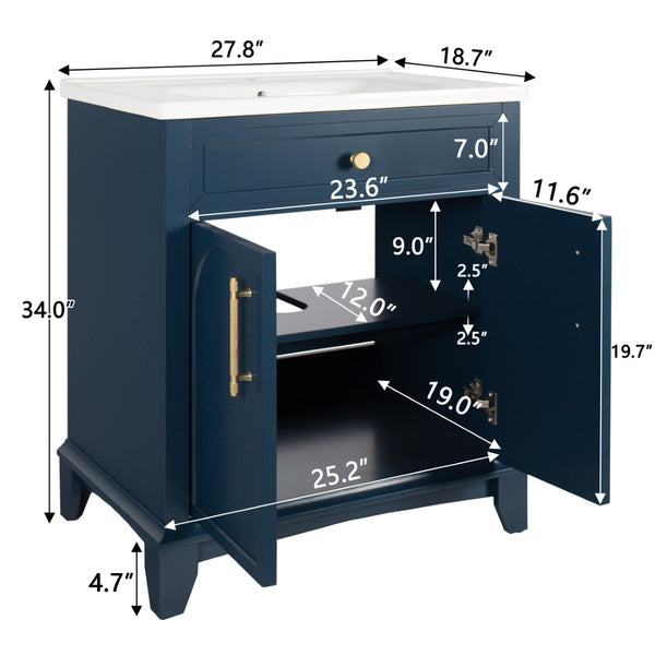 English Elm 27.8" Mid-century Freestanding Bathroom Vanity with Ceramic Sink Drawer and Wood Base Blue W1801S00005