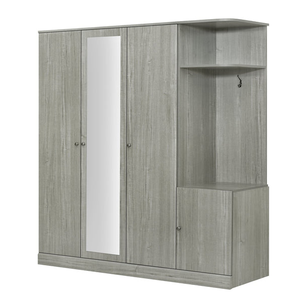English Elm 4-Door Wardrobe with Full-Length Mirror, Dust-Proof Compartments, Shoe Door & Anti-Tip Safety Features Gray N820S00056E