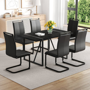 English Elm Black Faux Wood Grain Mdf Rectangular Dining Set with Six Arched Leg Pu Chairs W1151S04365