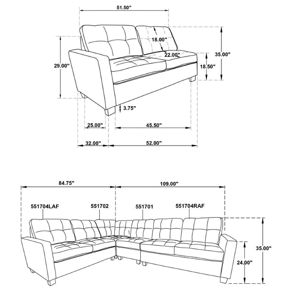 English Elm Creston Three Piece Fabric Sectional Sofa with Tufted Back and Track Arms Steel Gray B062S01530