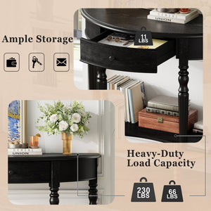 English Elm Trexm Farmhouse Half Moon Entryway Console with Drawer Open Shelf Pine Legs Black N715P383795B