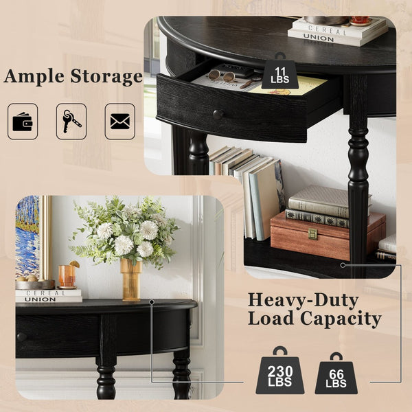 English Elm Trexm Farmhouse Half Moon Entryway Console with Drawer Open Shelf Pine Legs Black N715P383795B