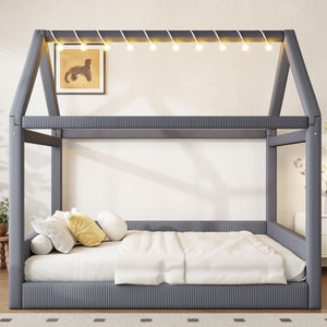 English Elm Full Size Upholstered House Daybed With Led Light Strips, Cozy Grey Corduroy For Stylish Spaces N7500001335E