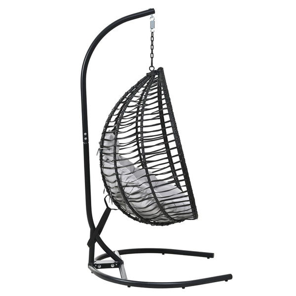 English Elm U_style Wicker Hanging Egg Chair with Stand Foldable Indoor Outdoor Swing Seat Black+ Gray N711P389502E