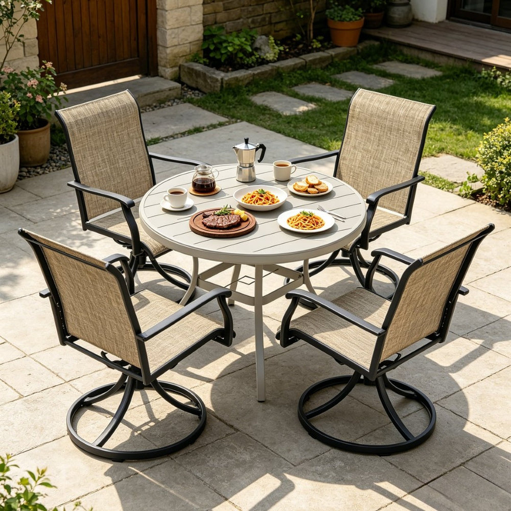 English Elm Outdoor Round Patio Dining Set Seats Four with Swivel Mesh Chairs and Umbrella Table W213S00059