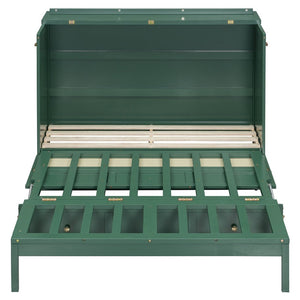 English Elm Full Size Murphy Wall Bed Cabinet with Rattan Panel Detailing and Storage Drawers Green N708P336203F