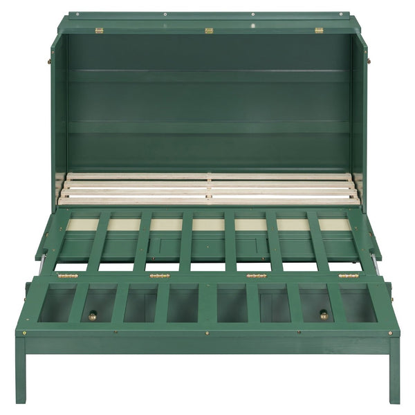 English Elm Full Size Murphy Wall Bed Cabinet with Rattan Panel Detailing and Storage Drawers Green N708P336203F