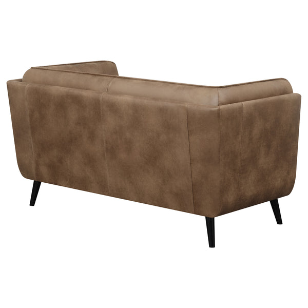 English Elm Maximillion Vintage Brown Chesterfield-Style Loveseat with Tufted Shelter Arms, Microfiber Leather Elegance B062P358089
