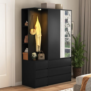 English Elm 8 Drawer Tall Chest Slim Particleboard Build Smooth Gliding Storage for Bedroom Closet Black W409S00007