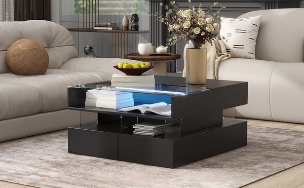 English Elm VIBE Lift-Top Coffee Table with Glass Top, Hidden Storage & LED Ambience, Modern High-Gloss Centerpiece Black N724P290043B