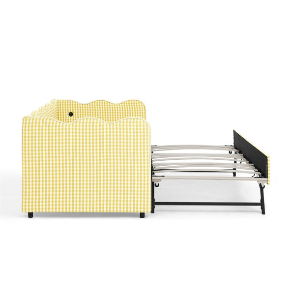 English Elm Cozy Gingham Linen Daybed with Pull Out Trundle Usb Port Wave Back Twin Sofa Yellow W1413S00121
