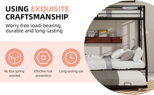 English Elm High Strength Iron Bunk Bed with Rolling Trundle Minimalist Queen Frame for Three W1935P360876