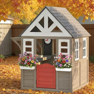 English Elm Imaginative Fir Wood Outdoor Kids Playhouse with Stove Set Flower Boxes and Pet Door T3971P491772