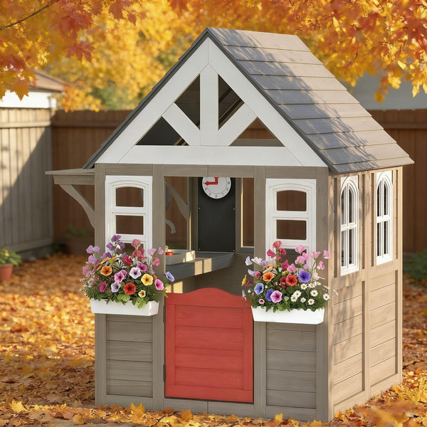 English Elm Imaginative Fir Wood Outdoor Kids Playhouse with Stove Set Flower Boxes and Pet Door T3971P491772