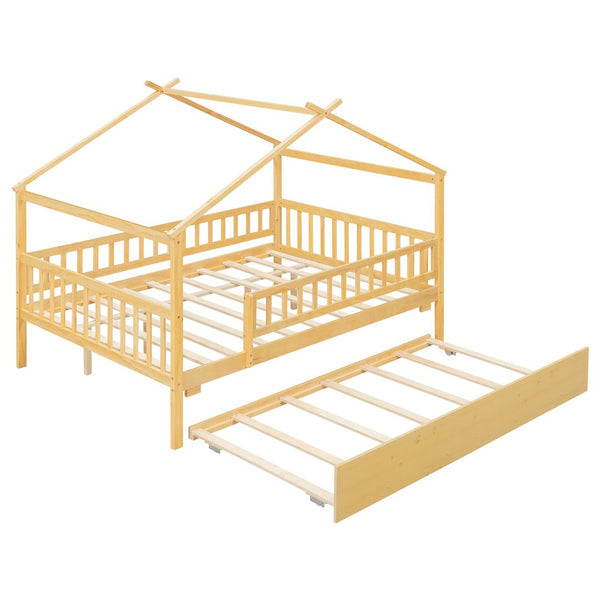 English Elm Full Size Pine House Bed with Roofline Frame and Roll Out Twin Trundle for Kids Natural LP100306AAN