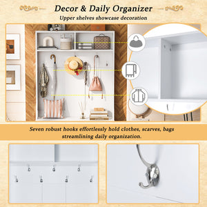 English Elm U-Can Entryway Bench with Coat Rack and Shoe Cabinet, 7 Hooks, Adjustable Shelves, Sturdy MDF White N724P264668K