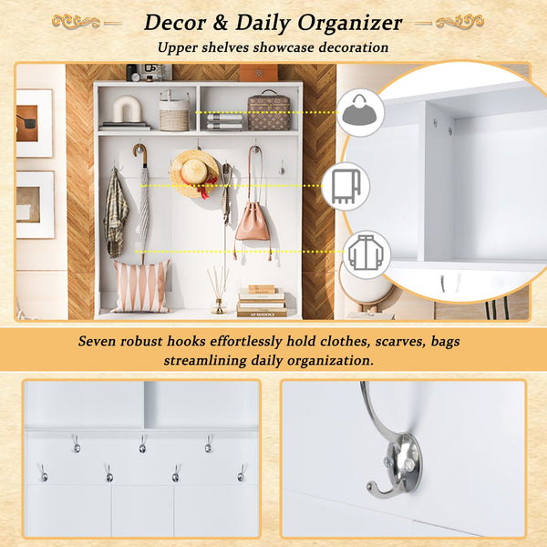 English Elm U-Can Entryway Bench with Coat Rack and Shoe Cabinet, 7 Hooks, Adjustable Shelves, Sturdy MDF White N724P264668K