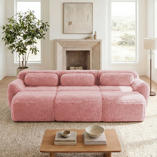 English Elm 3-seater Curved Modular Sectional Plush Upholstered Sofa with Linkable Ottoman for Living Rooms Pink W714S01561