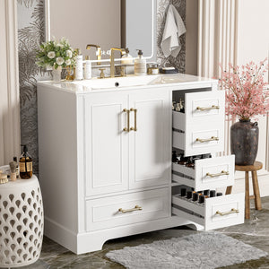 English Elm 36" Traditional Bathroom Vanity with Ceramic Sink, Solid Wood Cabinet, Soft-Close Doors & Drawers White N729P251630K