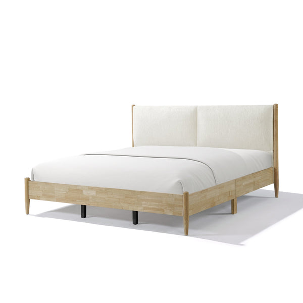 English Elm Christopher Knight Home® - California King Natural Wood Bed Frame with White Upholstered Headboard, Modern Minimalist Elegance N758C670405N
