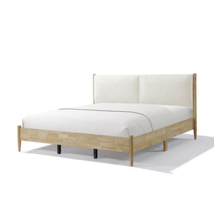 English Elm Christopher Knight Home® - King Natural Wood Bed Frame with White Upholstered Headboard, Modern Minimalist, Solid Slat Support 800lb Capacity N758K670203N