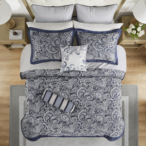 English Elm 12 Piece Madison Park Aubrey Jacquard Comforter Set Cal King Navy Paisley with 100% Cotton Sheets, Luxe Reversible Design and Decorative Pillows B03597016