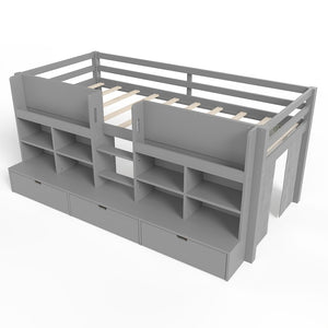 English Elm Twin Xl Low Loft Bed with Curtain Hideaway Chalkboard and Built-in Storage Shelves W1580S00400