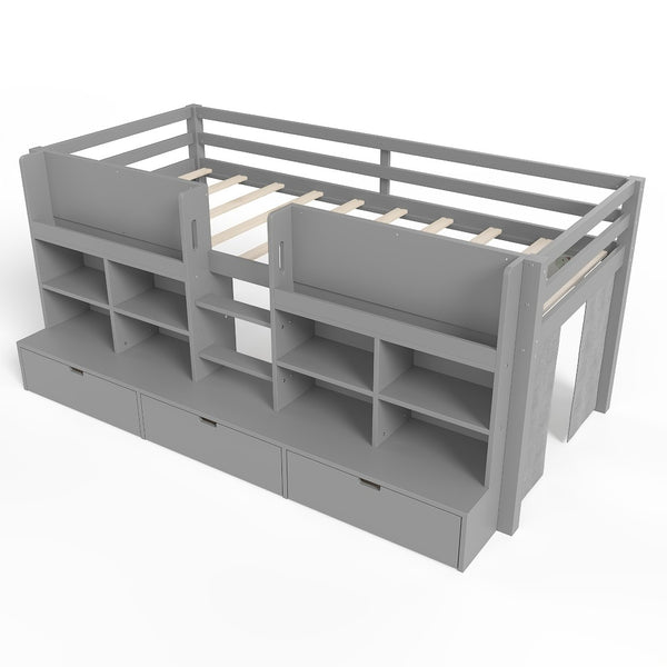 English Elm Twin Xl Low Loft Bed with Curtain Hideaway Chalkboard and Built-in Storage Shelves W1580S00400