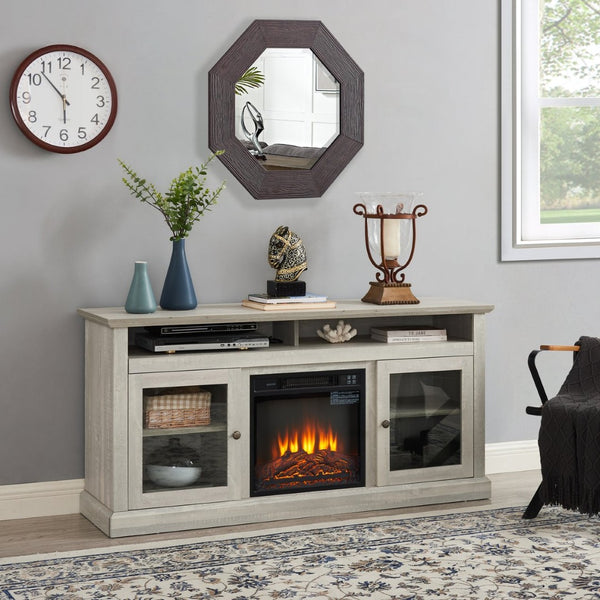 English Elm Contemporary Stone Gray Media Console with Electric Fireplace Insert for Living Rooms W2275S00042