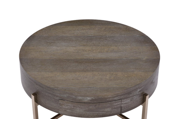 English Elm Light Brown Drum Coffee Table with Single Drawer and Champagne Base — Oak Veneer, Modern Storage Elegance B062P209129