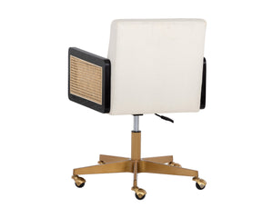 Sunpan Claudette Modern Office Chair in Linoso Ivory with Rattan, Gold Base, and Black Rubberwood Arms