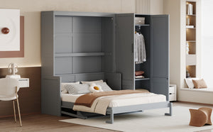 English Elm Queen Murphy Bed with Wardrobe Cabinet Hydraulic Lift Mdf Space Saving Wall Unit Gray LP000581AAE-1