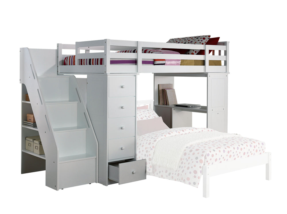 English Elm Freya Twin Loft Bed with White Finish, Bookcase Ladder, Desk & 5-Drawer Storage — Durable, Safe Design B2726S00228